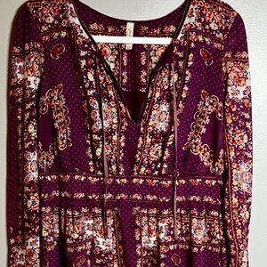 Free People LS Floral Dress Curved Hem V Neck Lace Up Size M